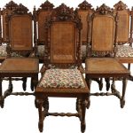 8 antique dining chairs 1880 french hunting style carved oak cane/fabric WTMGDMD