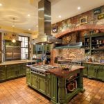 a brick and stone rustic kitchen with a wealth of distressed green WFDAOFY