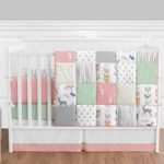 baby bedding for girls coral, mint and grey woodsy deer baby bedding - 9pc girls crib ISQJMTC