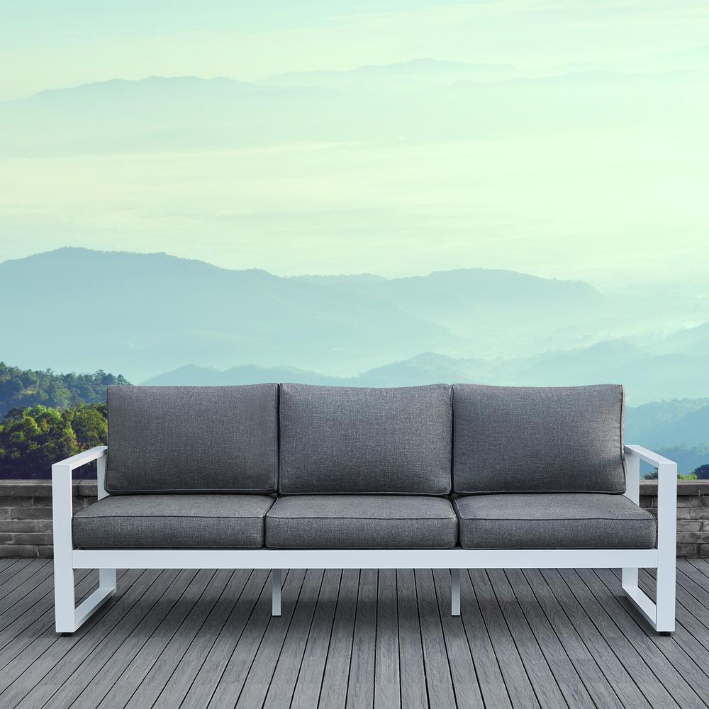 baltic white aluminum outdoor sofa with gray cushions TREHWIU