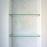 eggshell home - master bathroom custom glass shelves marble tile niche FOPYLVN
