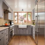 galley kitchen with gray cabinets, quartz countertop and engineered oak  floors BLRYSMW