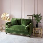 leafy green sofa with blush sugary pastel pink walls. painted panelling.  tropical BIGQSPH