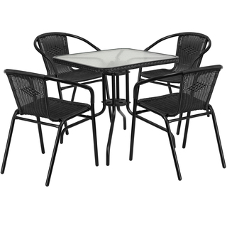 rattan outdoor furniture 28-inch square glass metal table with rattan edging and 4 rattan stack WOUSIIX