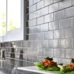 Kitchen Tile Ideas close-up of concrete and metallic industrial tile backsplash. XJRQALP