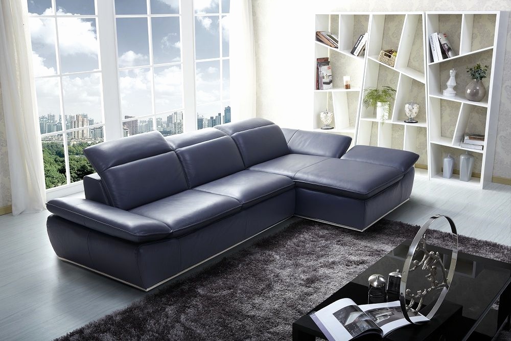 Blue Leather Sectional Sofa with Chaise