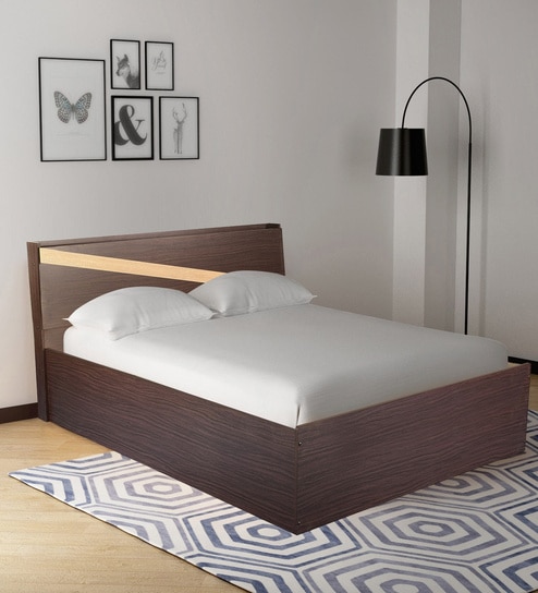 Buy Hitomu Queen Size Bed with Headboard Storage in Walnut Finish by