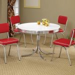 50's Style Round Chrome Retro Dining Table w/ Four Red Chairs
