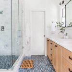 Teak Bath Mat on White and Blue Mosaic Tiles - Transitional - Bathro