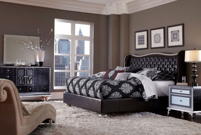 Hollywood Swank Modern Starry Night Black Leather 4pc King Bedroom S