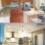 before and after of DIY kitchen remodel, raised kitchen cabinets .