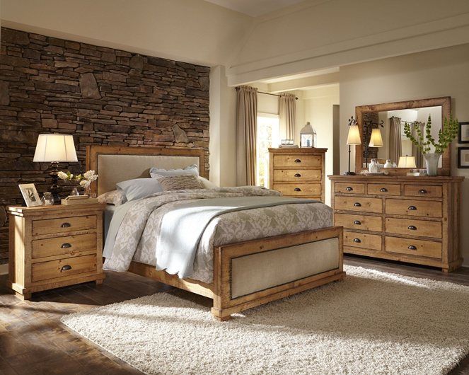 Reclaimed wood style Bedroom set. Upholstered headboard. Willow .