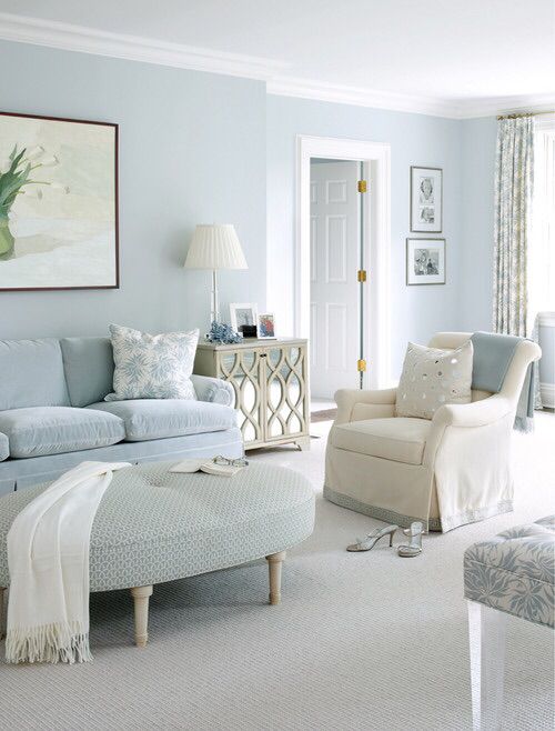 Powder blue walls | Light blue living room, Monochromatic room .