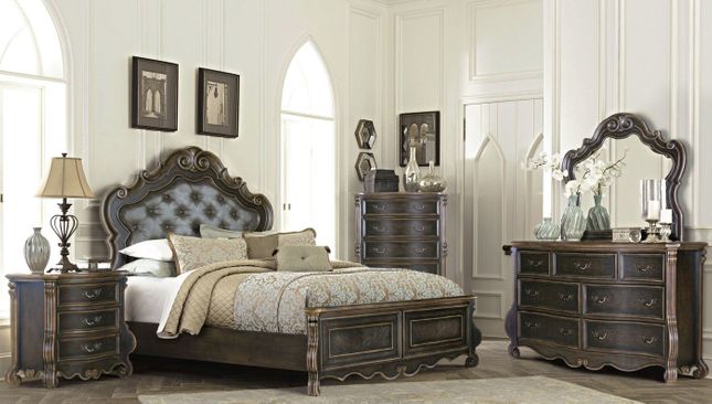Old World Queen Bedroom Set Dark Brown Ebony & Gold Upholstered .