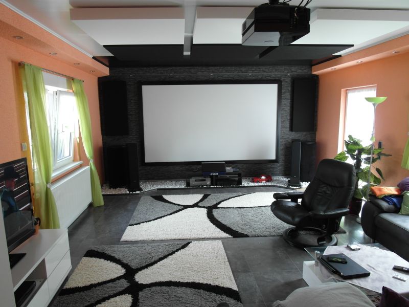 ... living room, living room theaters with black sofa and carpet and green CUXSHTE