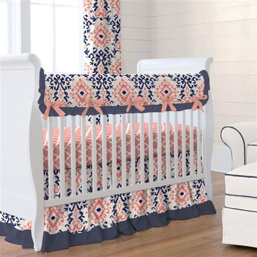 baby bedding navy and coral ikat crib skirt gathered KNLPZRT
