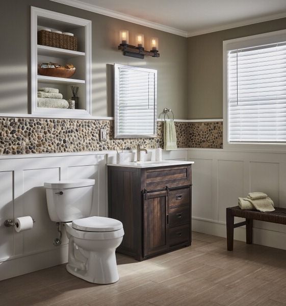 bathroom inspiration design a spa-like bath with a rich brown farmhouse vanity paired with KJHMNNS