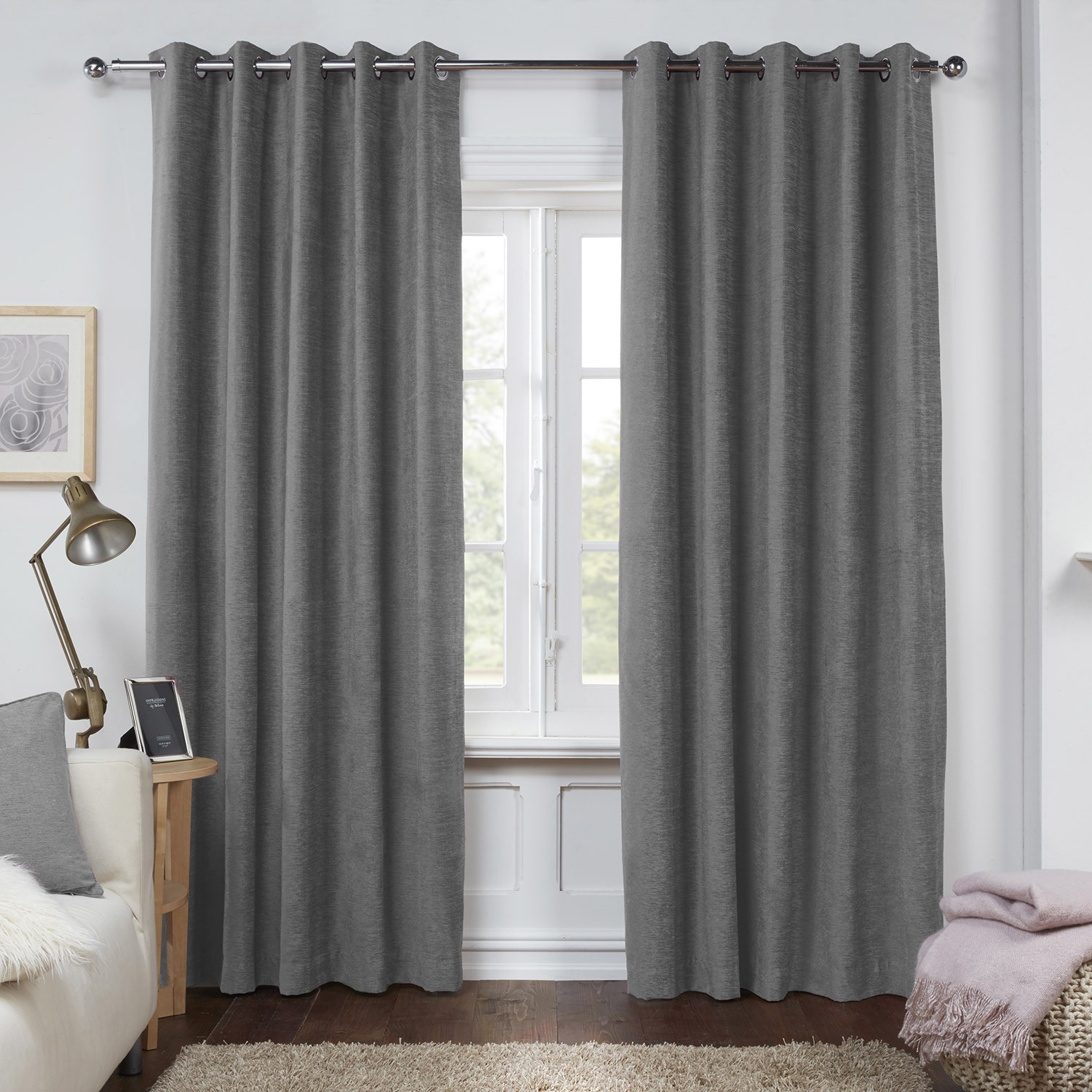 dante charcoal grey luxury soft chenille lined eyelet curtains (pair) HIBZOYO