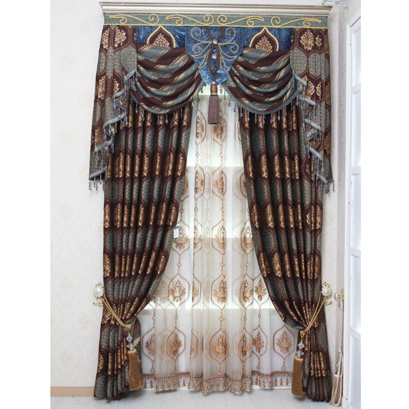 luxury chenille wine/dark blue floral jacquard vintage curtains VPUIVUG