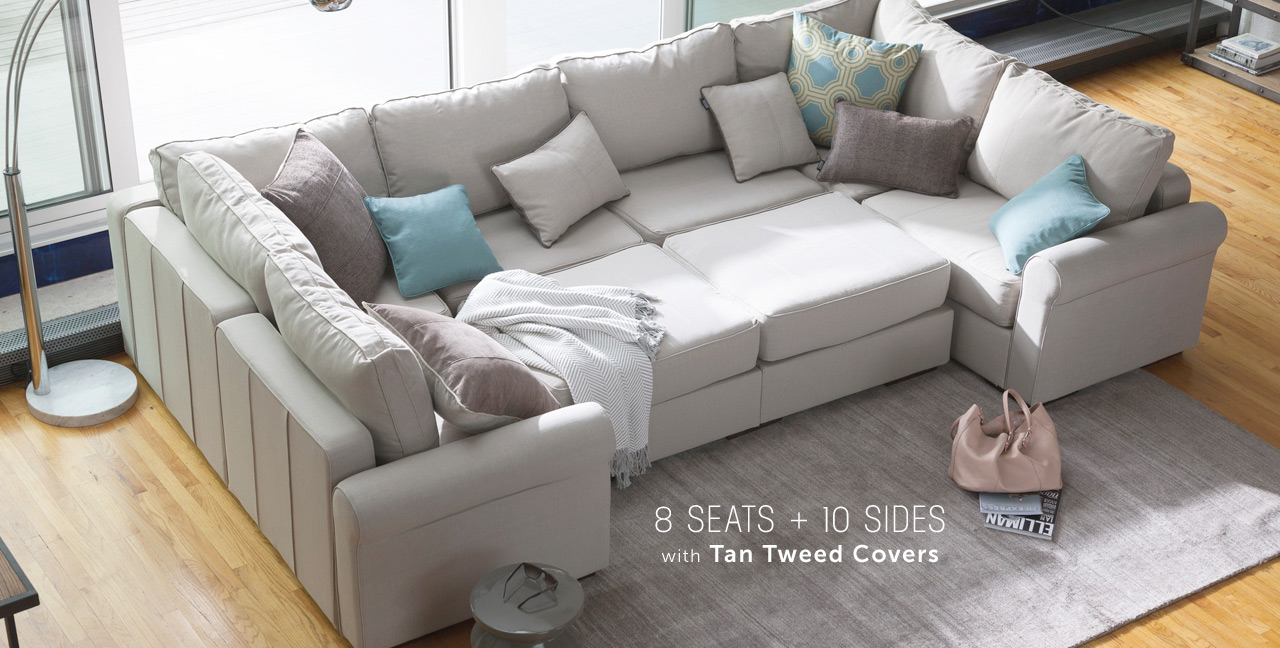 modular sectional sofa ... 8 seats + 10 sides with tan tweed covers ... MGGUBIO