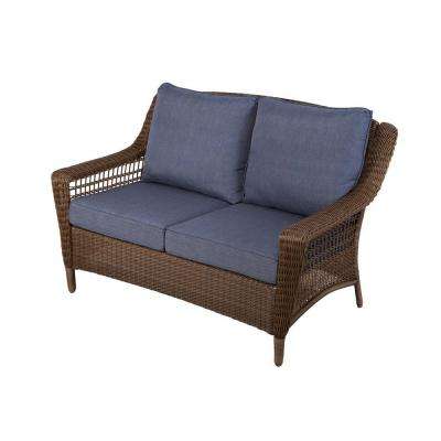 outdoor loveseat spring haven brown all-weather wicker outdoor patio loveseat with sky blue  cushions NSLUCIS
