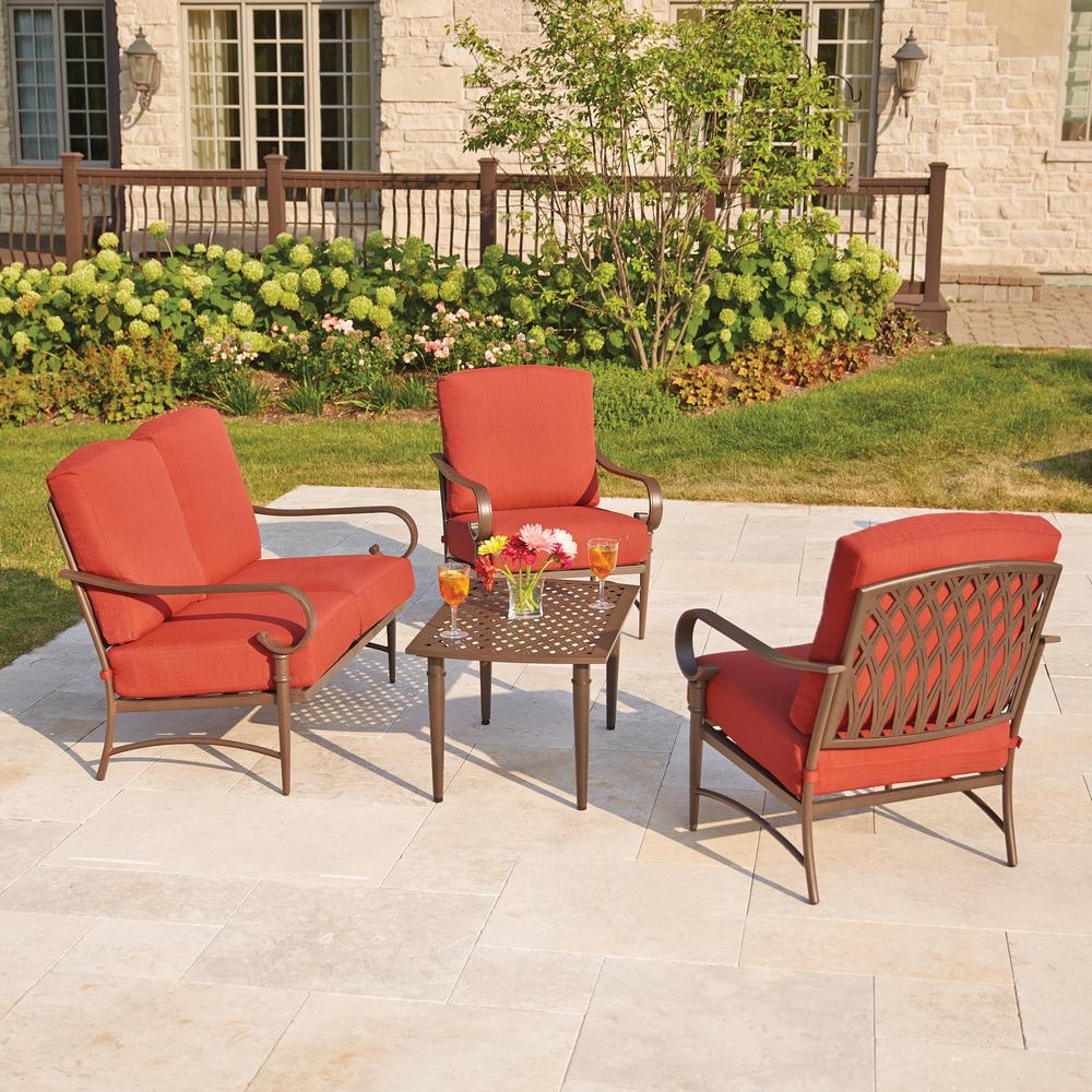 patio furniture oak cliff 4-piece metal outdoor deep seating set with chili cushions ISSNAIO