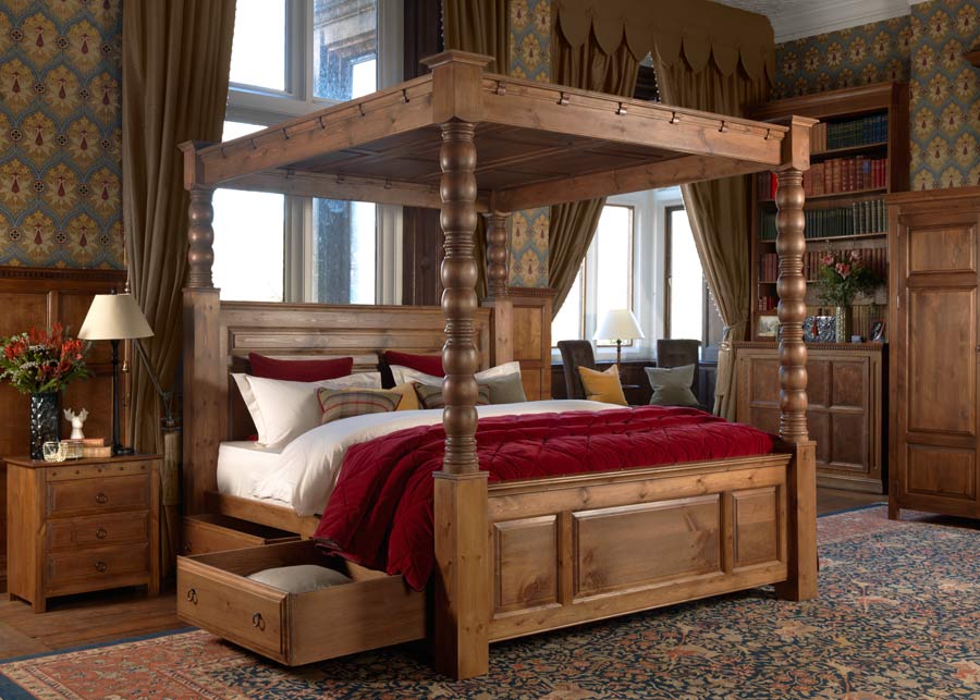 solid wood four poster bed with storage drawers MINZQEV