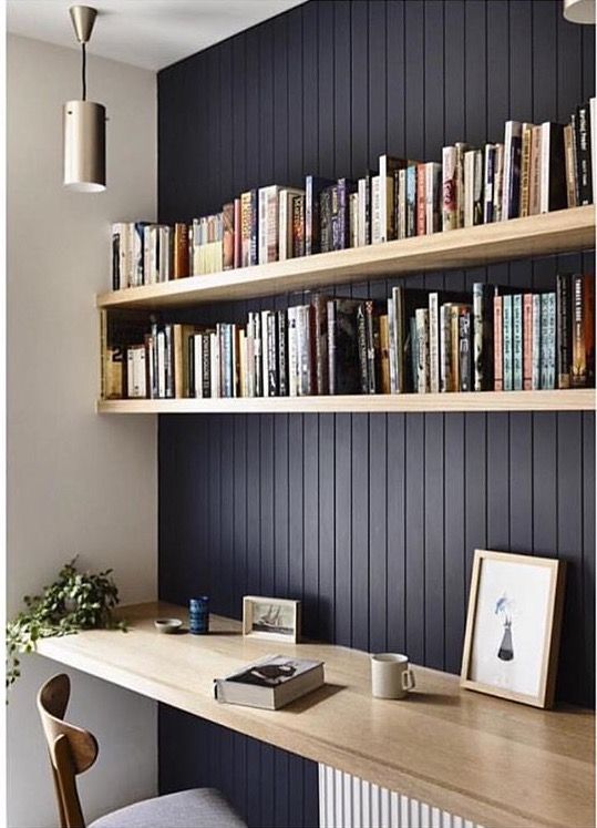 wall bookshelves dark feature wall with natural wood shelving to highlight. beadboard  panelling. LNWAUPJ