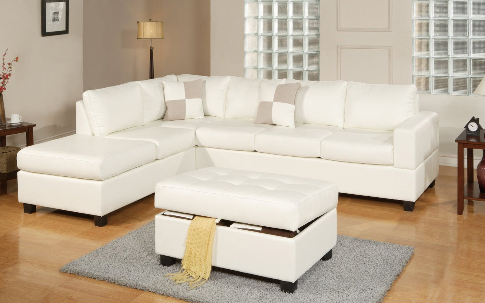 white sectional sofa 3 piece modern reversible tufted bonded leather sectional sofa with ottoman  - CYCLSMZ