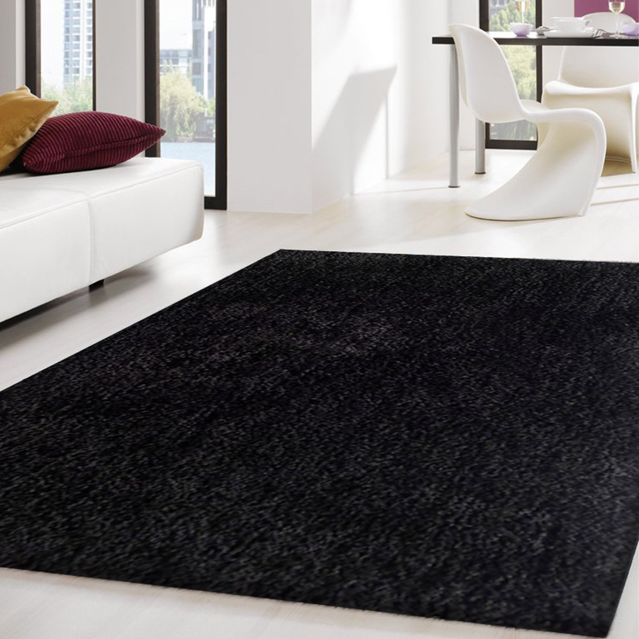 Black rugs 2-piece set | solid black thick plush shag area rug with rug pad WNELUCI