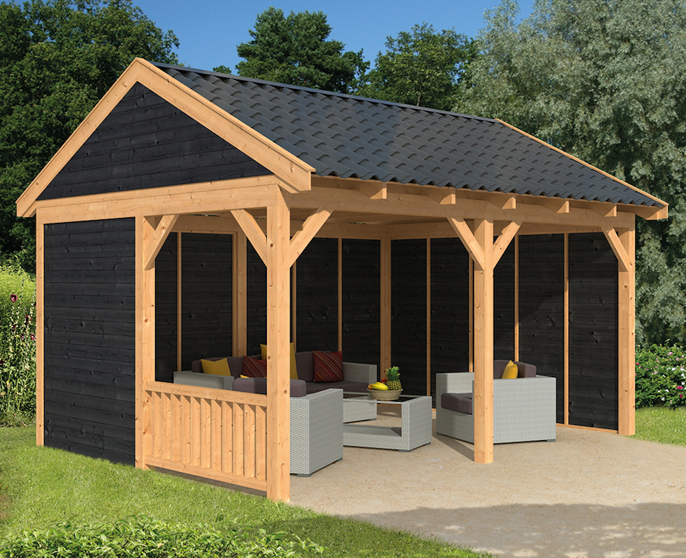 garden building larch open barn with side and rear walls. shown with optional painted PCSMQEH
