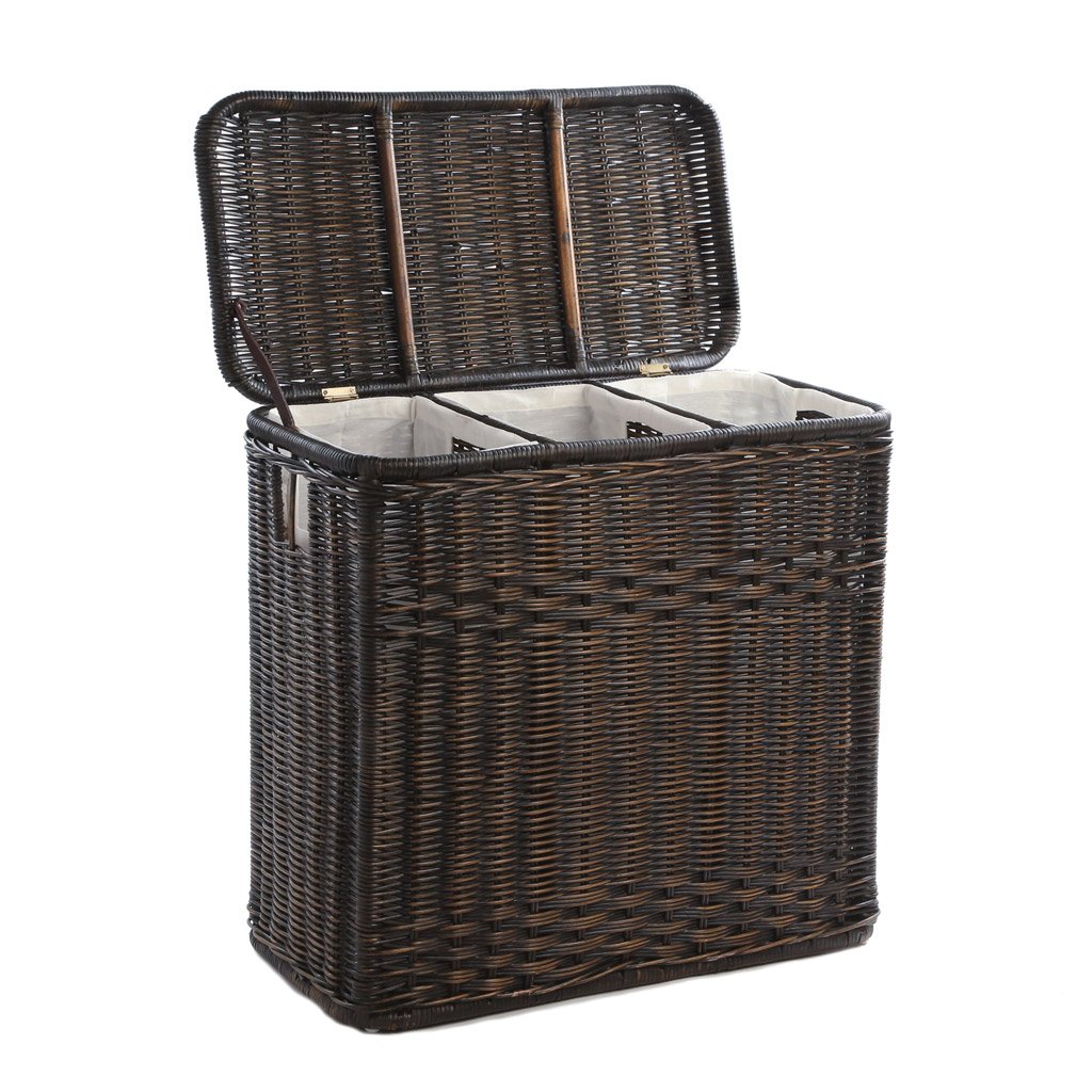 Laundry Basket 3-compartment wicker laundry hamper in antique walnut brown shown with lid  open JBWFBAQ