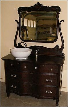 antique bathroom vanity with vessel sink photo of front view - antique bathroom vanity: serpentine oak dresser for bathroom OUNTTAG