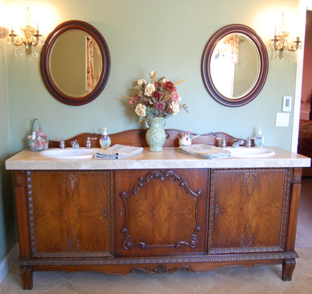 bathroom vanities that look like furniture antique sideboard buffet turned into double sink vanity traditional-bathroom RVYKMRQ