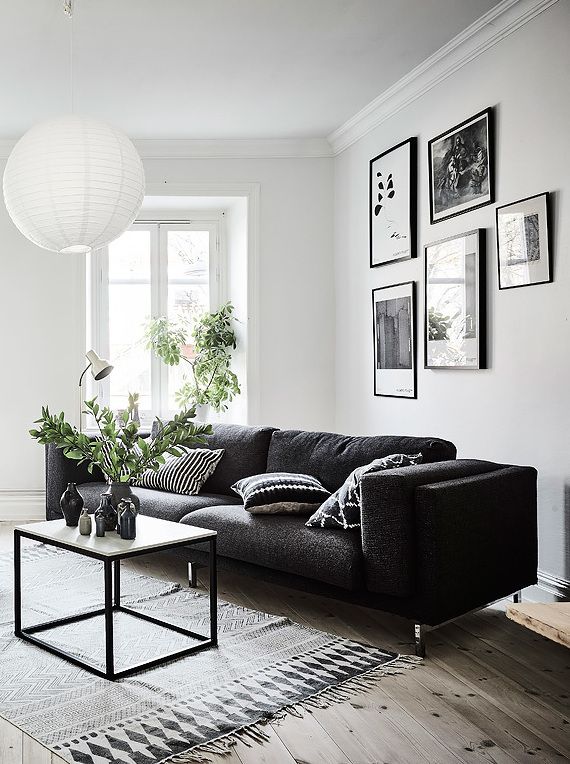 black and white decor ideas for living room living room in black, white and gray with nice gallery wall QTACWGQ
