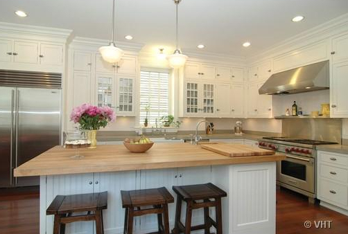 interior white kitchen island with butcher block top transitional CFNQJRV
