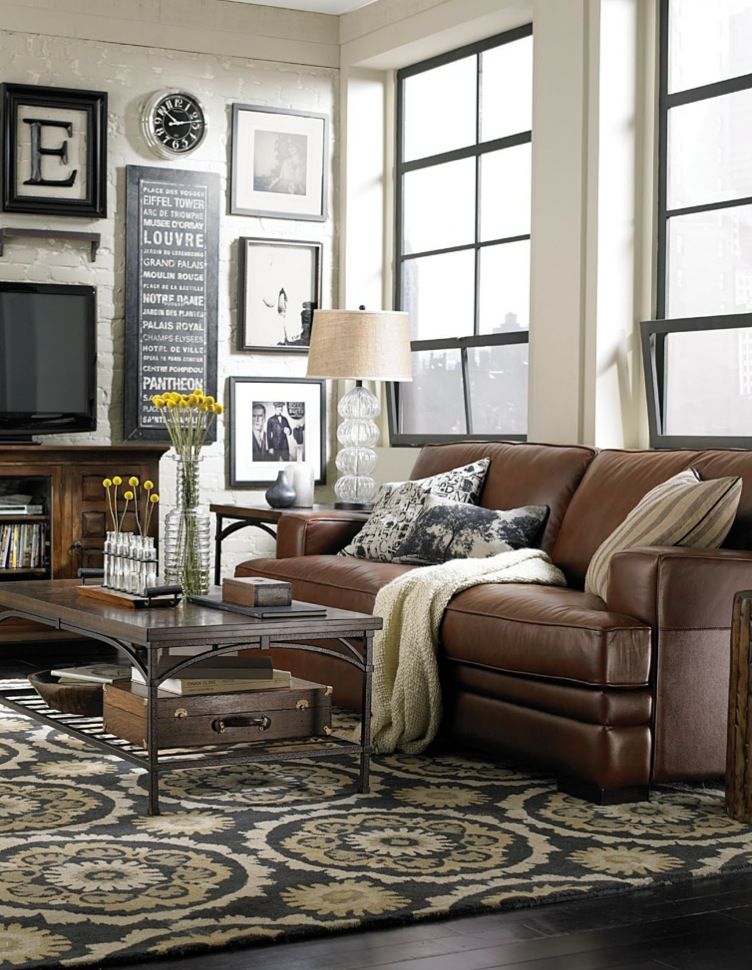 living room ideas with leather furniture love this room. brown leather, rustic wood, black and white CYWQWIR