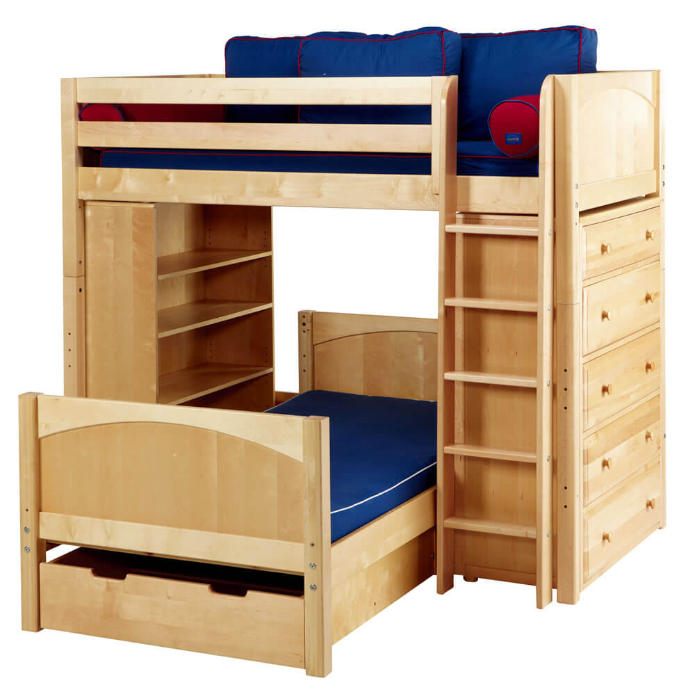 wooden bunk beds with stairs and drawers birch wood constructed l-shaped bunk bed. the light wood tone WSFTOJX
