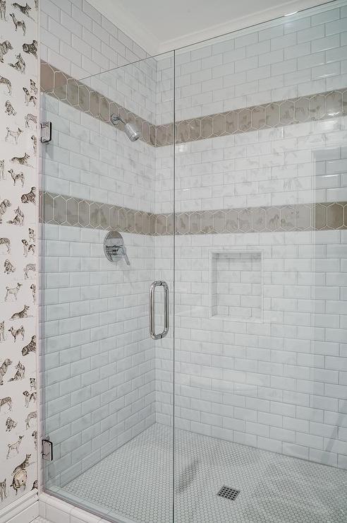White Shower Tiles with Taupe Border Accent Tiles - Transitional