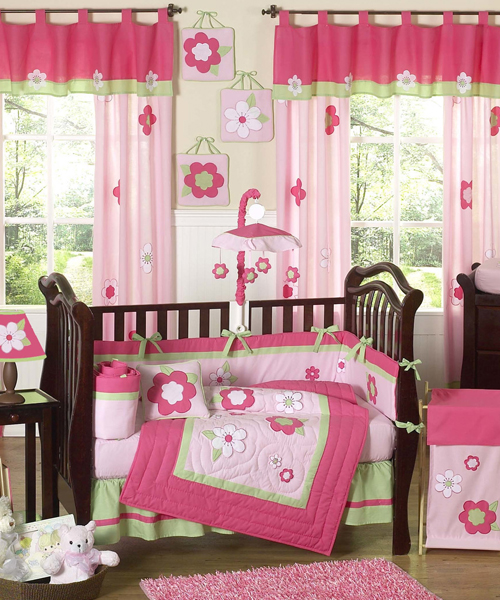 Baby Girl Bedding Set Pink & Green Flowers