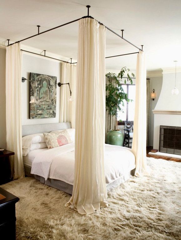 DIY canopy bed! Love it. For the downstairs bedroom, to give more