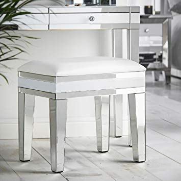 Beautify Mirrored Dressing Table Stool Chair - White with Luxe Faux