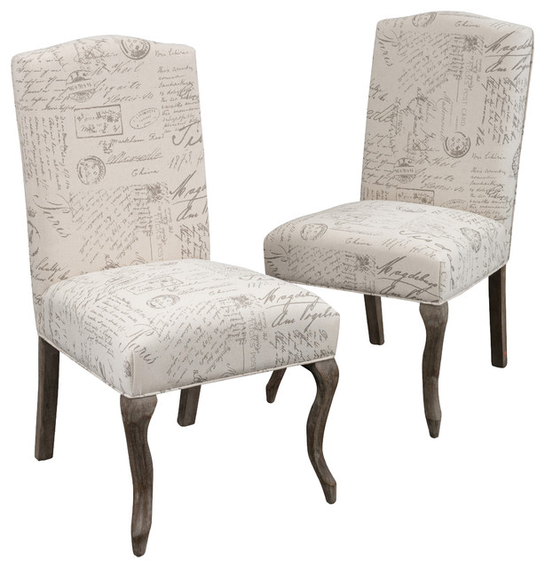 Crown Back French Script Beige Fabric Dining Chairs, Set of 2