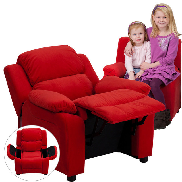 Deluxe Heavily Padded Contemporary Kids Recliner with Storage Arms