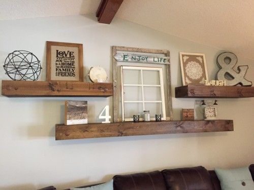Living Room decor - rustic farmhouse style floating shelves over