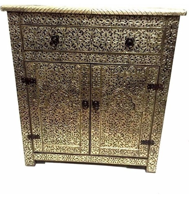 Moroccan Drawer Cabinet Table Silver Carved and Etched Metal
