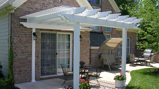 Patio Transformed with Attached Low Maintenance Vinyl Pergola Kit & Fan