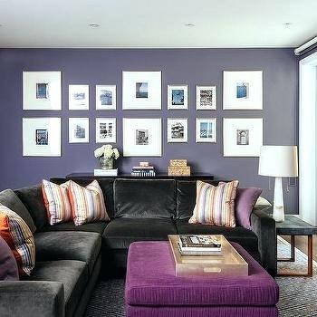 Purple Living Room Dark Brown Velvet Sectional With Purple Pillows