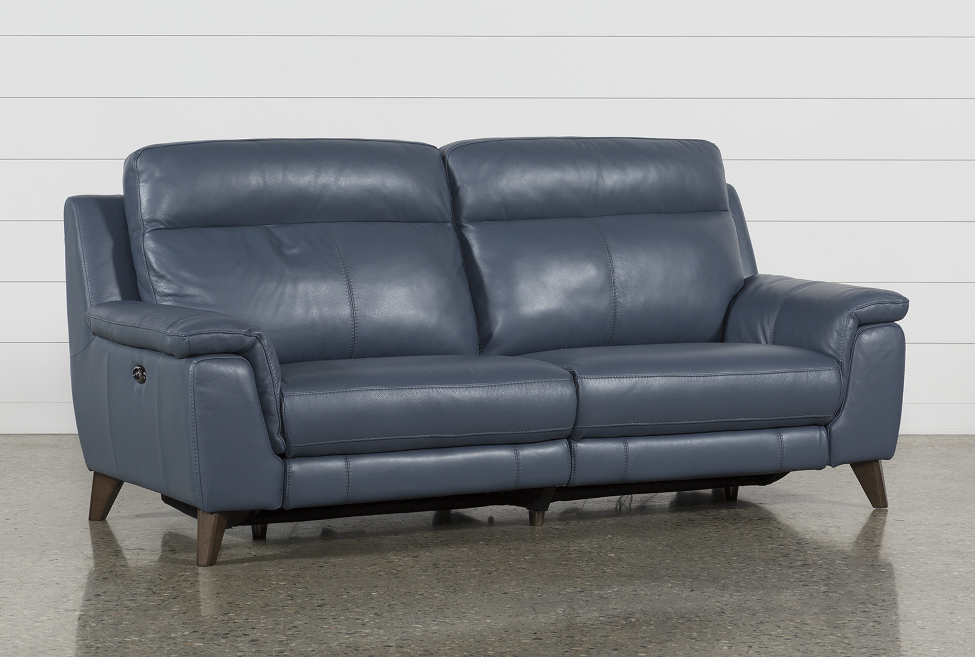 Moana Blue Leather Dual Power Reclining Sofa With Usb | Living Spaces