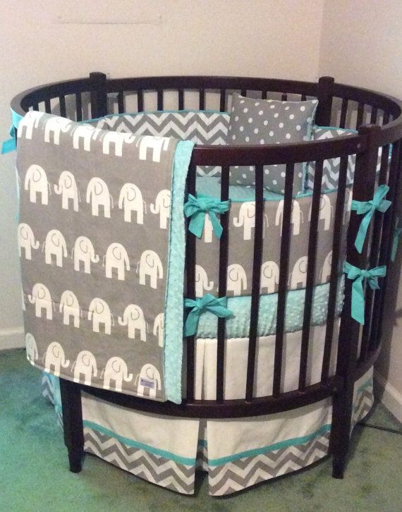 Round Crib Bedding Set Aqua Gray and White Elephants | Round crib